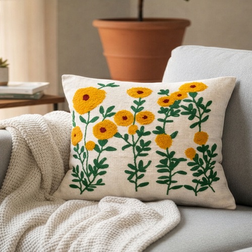 Ivory Floral Embroidered Cushion Cover