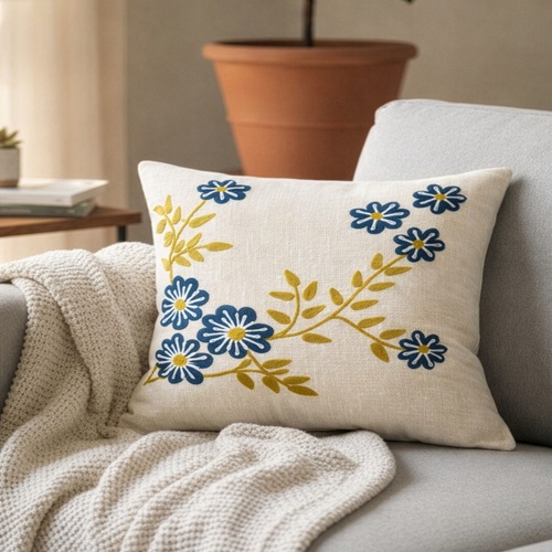 Ivory Blue Floral Embroidered Cushion Cover