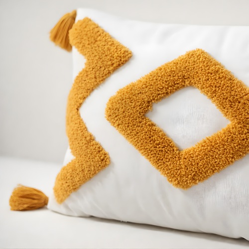 Ivory Mustard Geometric Tufted Cushion Cover with Tassels