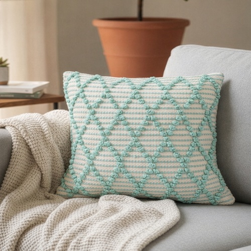 Ivory Mint Geometric Embroidered Cushion Cover